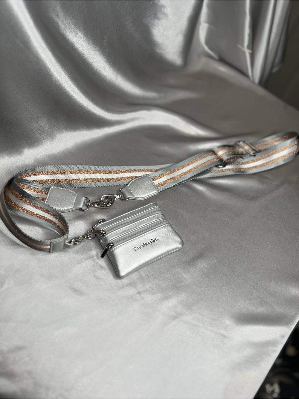 Save the Girls Metallic Silver "Clip & Go" Crossbody Phone Strap & Tri-Zip Pouch